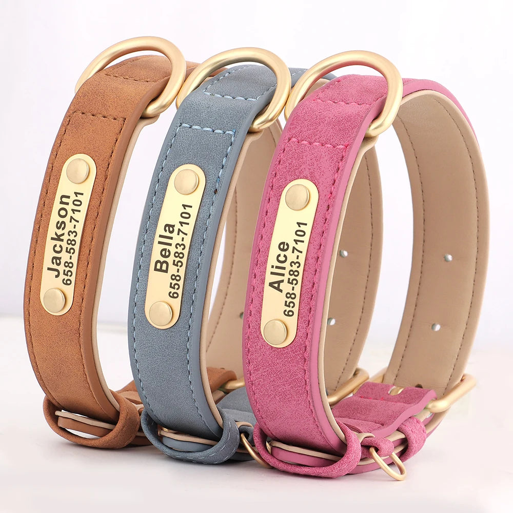 Personalized Dog Collar Custom Engraved PU Leather ID Tag Nameplate