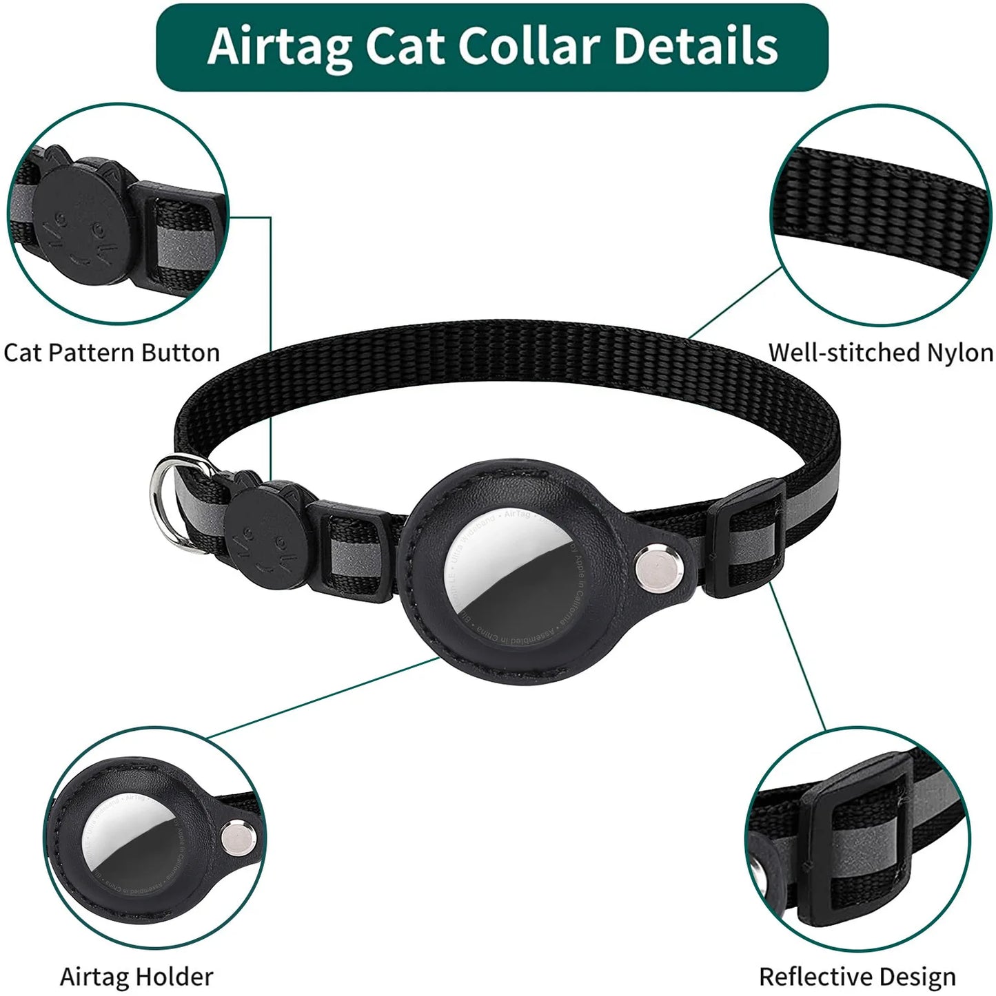 FIND YOUR PET-Cat AirTag Holder Collar Breakaway Reflective Strips Adjustable Kitten Collar Waterproof Cat Bell Collar Pet Air Tag Case