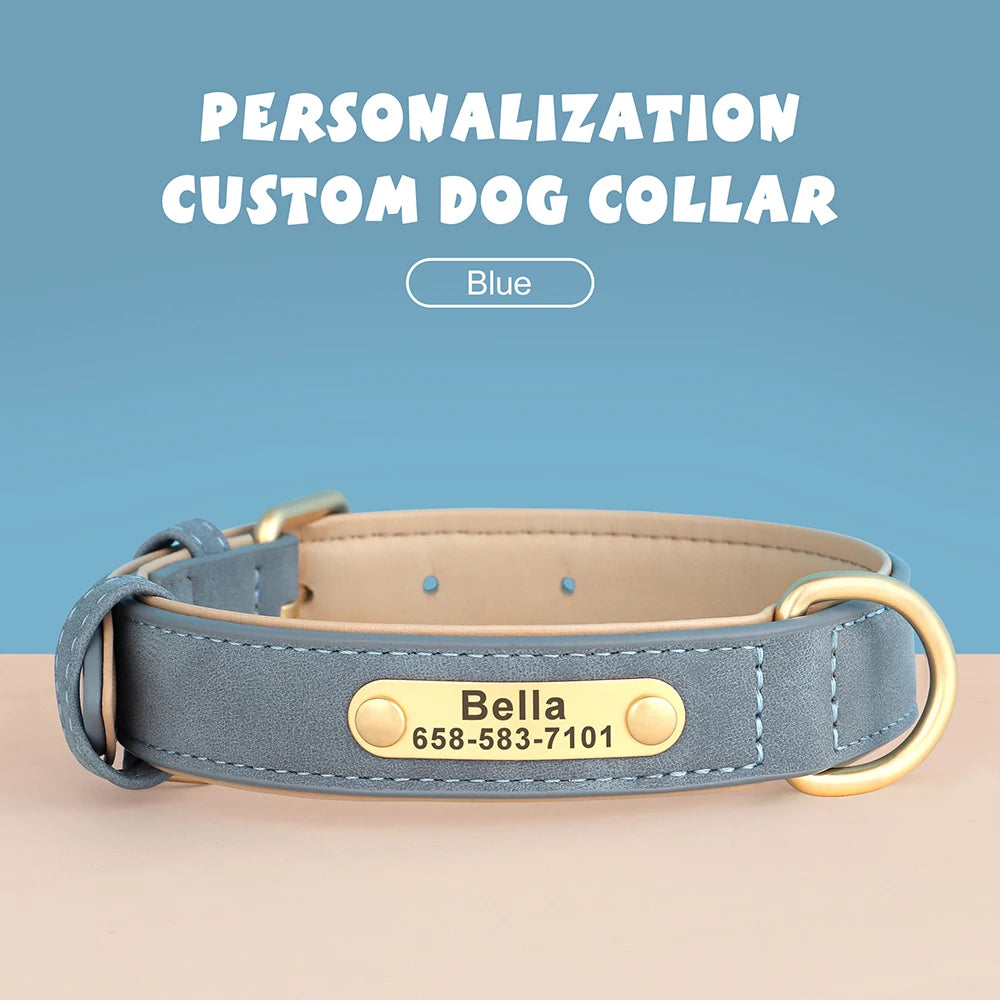 Personalized Dog Collar Custom Engraved PU Leather ID Tag Nameplate