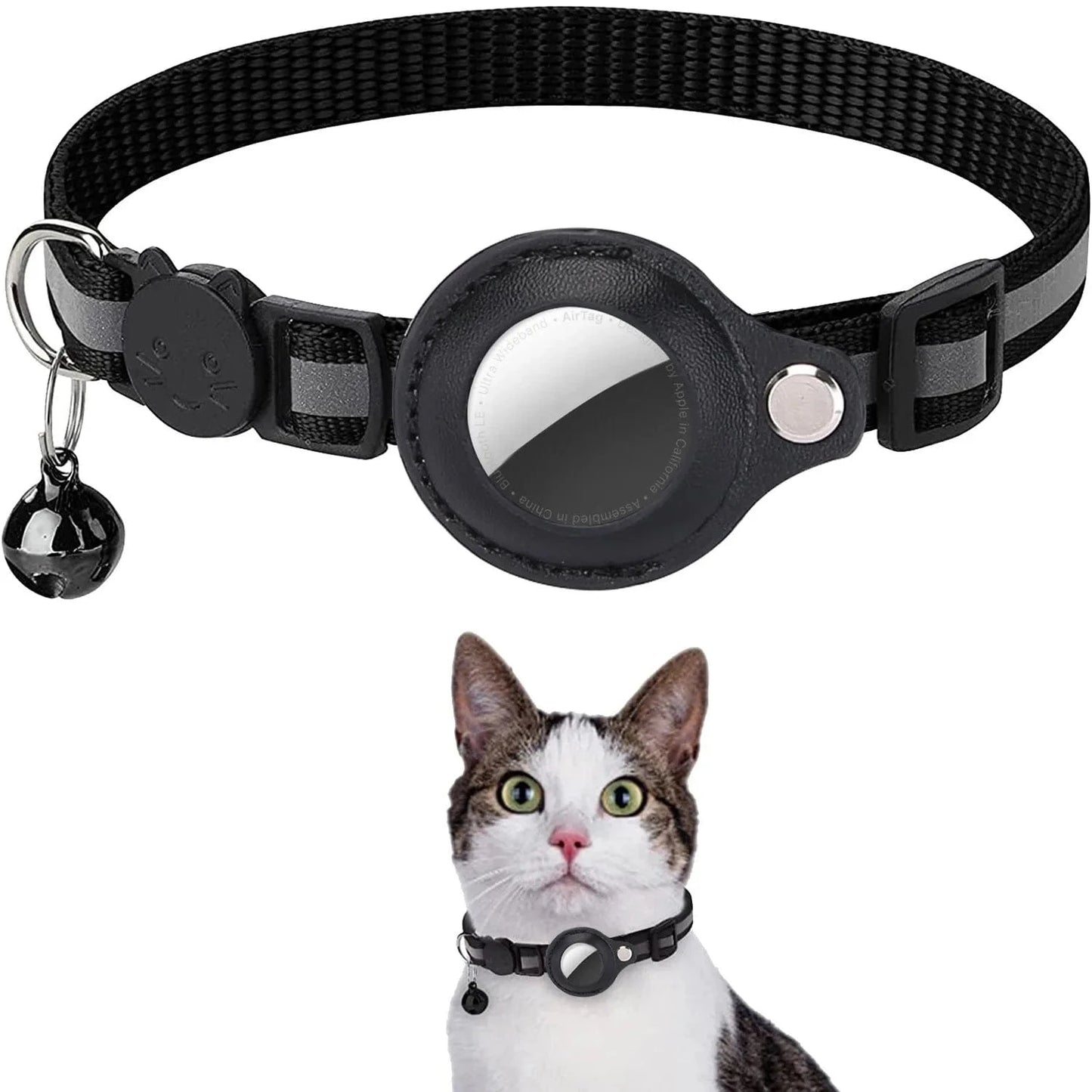 FIND YOUR PET-Cat AirTag Holder Collar Breakaway Reflective Strips Adjustable Kitten Collar Waterproof Cat Bell Collar Pet Air Tag Case Adjustable 22-32cm black