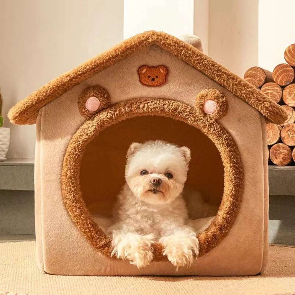 cute little dog lying in pet house bed, small indoor house for pets