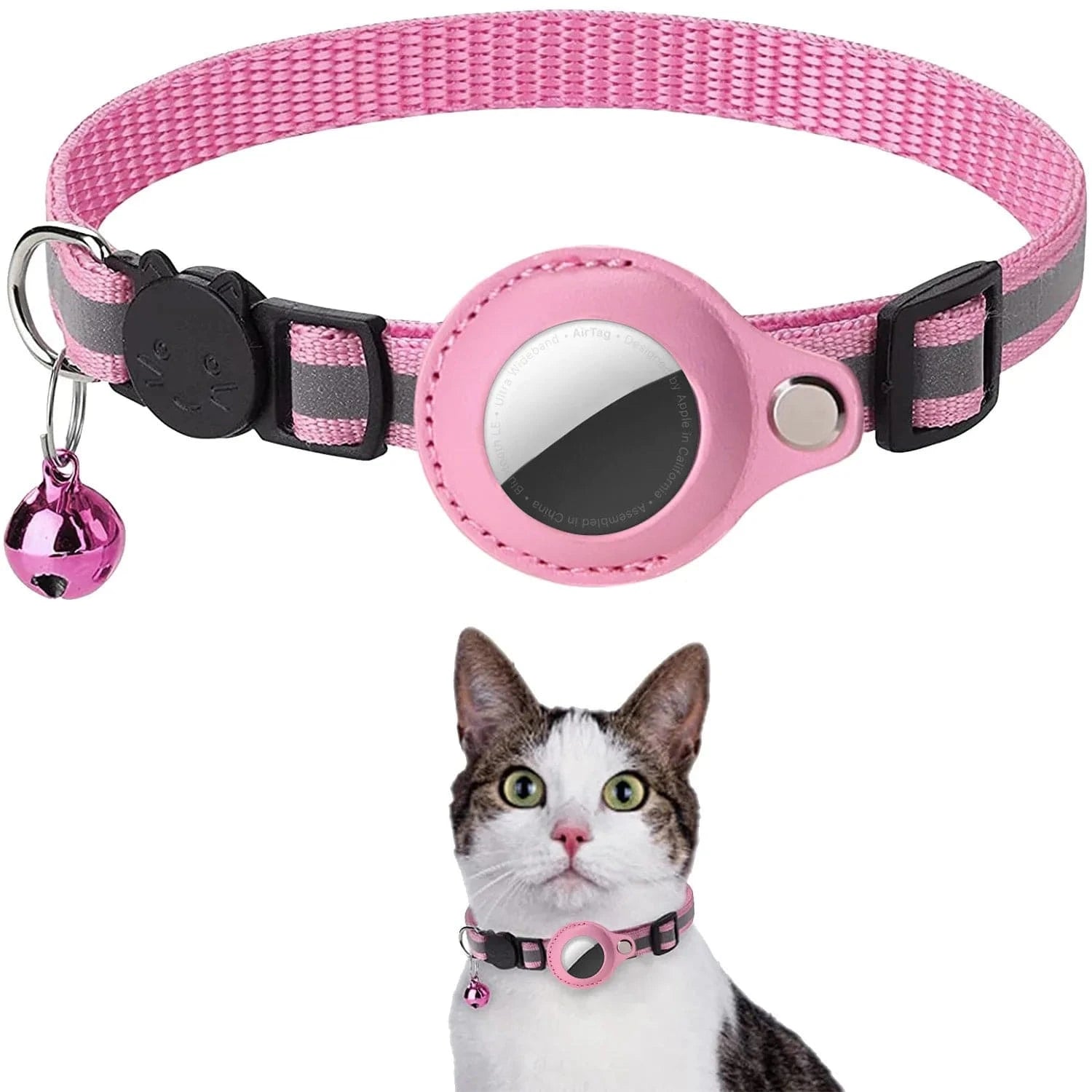 FIND YOUR PET-Cat AirTag Holder Collar Breakaway Reflective Strips Adjustable Kitten Collar Waterproof Cat Bell Collar Pet Air Tag Case Adjustable 22-32cm pink
