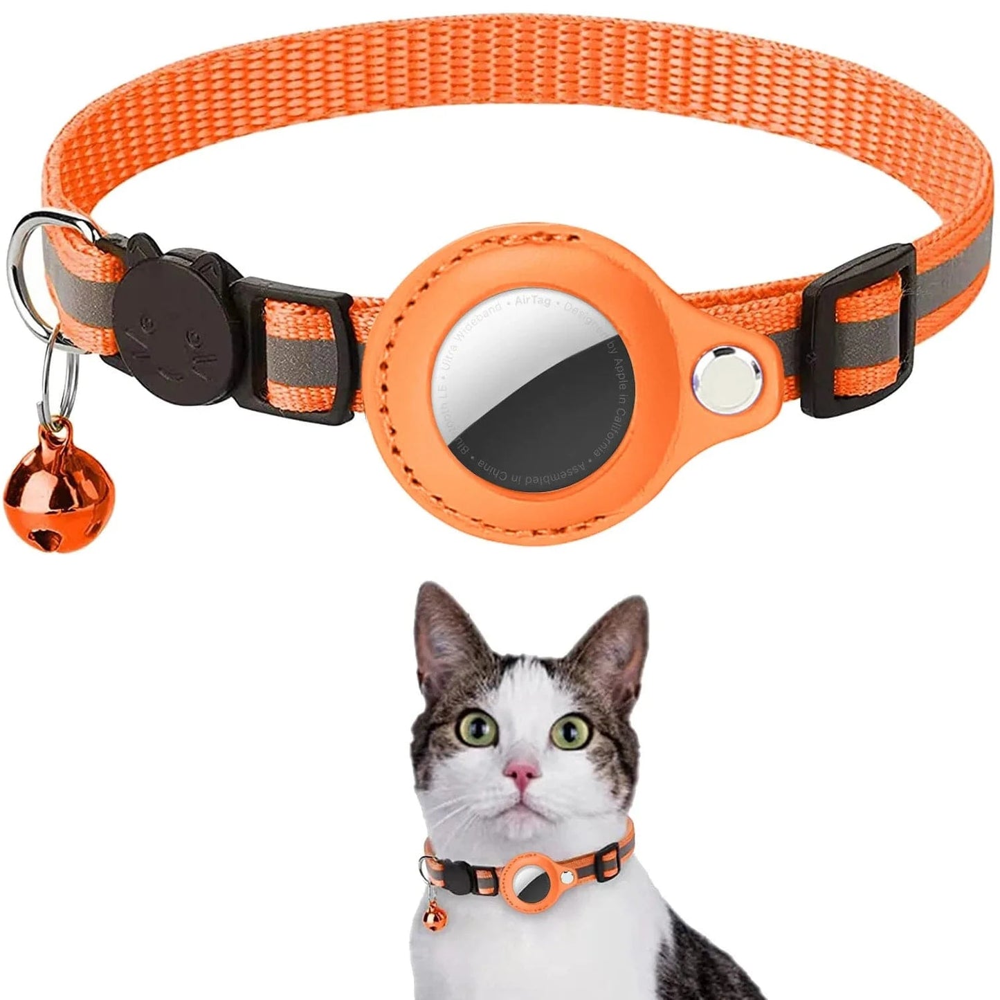 FIND YOUR PET-Cat AirTag Holder Collar Breakaway Reflective Strips Adjustable Kitten Collar Waterproof Cat Bell Collar Pet Air Tag Case Adjustable 22-32cm Orange
