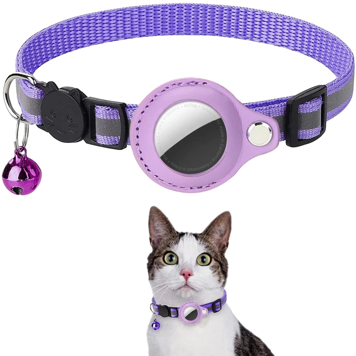 FIND YOUR PET-Cat AirTag Holder Collar Breakaway Reflective Strips Adjustable Kitten Collar Waterproof Cat Bell Collar Pet Air Tag Case Adjustable 22-32cm purple